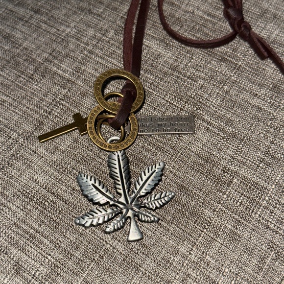 Long Necklace, Leather Silver & Brown Leaf Pendant Necklace, Handmade Jewelry - Picture 6 of 11